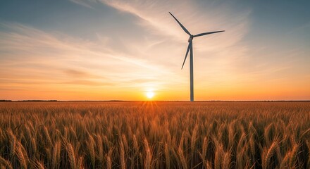 Wind turbine in a field at sunset, generating clean energy.
