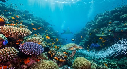 Vibrant coral reef ecosystem teeming with marine life in clear blue water.