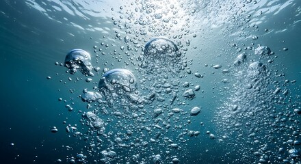 Underwater Bubbles Ascending Towards the Surface in Clear Blue Water.