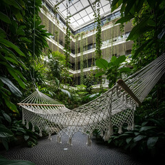 Hammock in lush indoor garden atrium
