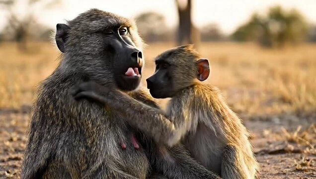 monkey day baboon grooming baby in the wild during golden hour