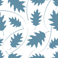 Obraz premium Vector seamless pattern with blue oak leaves and dotted lines. Minimalistic botanical background for textile, wallpaper, wrapping, and eco-friendly design projects.