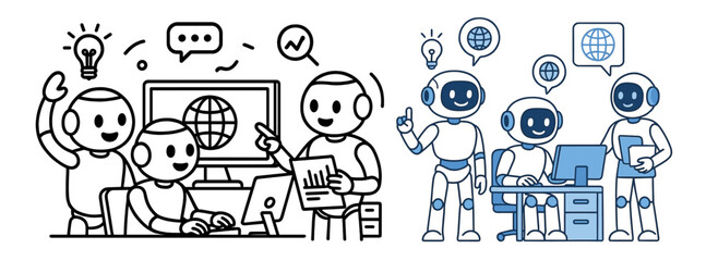 Set of friendly AI robots collaborating in office, teamwork with computer and laptop, charts, chat bubbles and globe icons, outline and blue vector collection for tech and business