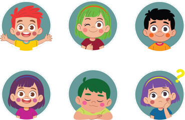 Cute cartoon kids avatar set, happy children facial expressions illustration, boy and girl emoji icons showing various emotions vector