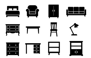 Set of black furniture silhouettes with bed sofa chair table desk lamp wardrobe dresser bookshelf and cabinet minimal vector icons for home interior and office