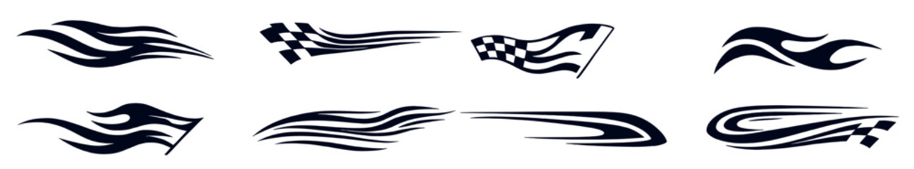 Set of racing flame shapes checkered flags and speed lines black vector collection for motorsport car decals automotive design and fast motion concepts