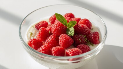 A Bowl of Crimson Joy. Raspberry Clusters in Creamy Dreams Under Sunlight.