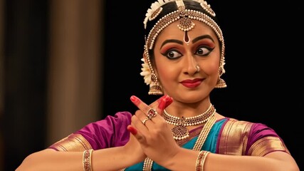 Indian Classical Dancer Performing Bharatanatyam with Expressive Gestures.