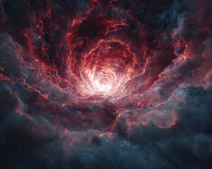 Vibrant red and blue nebula swirling into a bright cosmic vortex. Deep space.