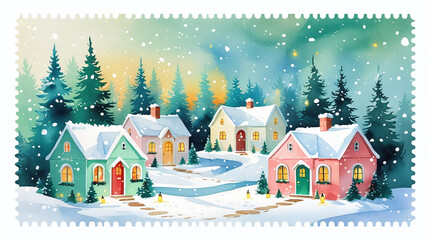 Fototapeta premium Watercolor Winter Village Landscape with Snowfall and Colorful Houses