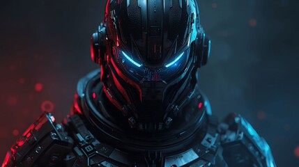 A futuristic armored helmet glowing with blue and red neon lights.