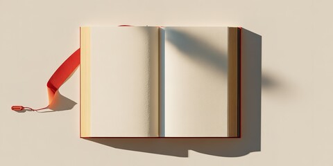 A minimalist, open book with blank pages and a red bookmark, bathed in soft sunlight.