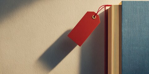 Close-up of blue hardcover book with golden pages and a red blank tag.