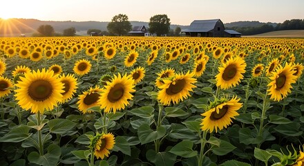 Vibrant Sunflower Field at Sunset - A Golden Landscape of Summer.
