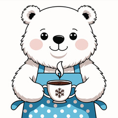 Cute polar bear wearing apron holding hot cocoa cup with steam snowflake shape