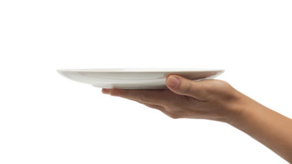 hand holding a clean, empty plate. Isolated on transparent background, png	
