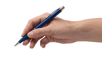 hand holding a blue pen ready for writing or signing. Isolated on transparent background, png	