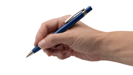 Hand with a blue pen ready to write. Isolated on transparent background, png