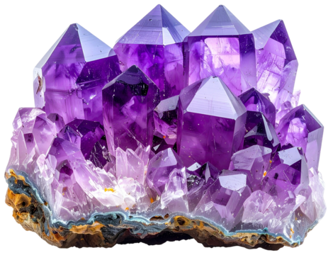 Cluster of deep purple, faceted crystalline structures on rock