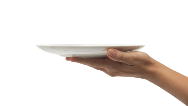 hand holding a clean, empty plate. Isolated on transparent background, png	