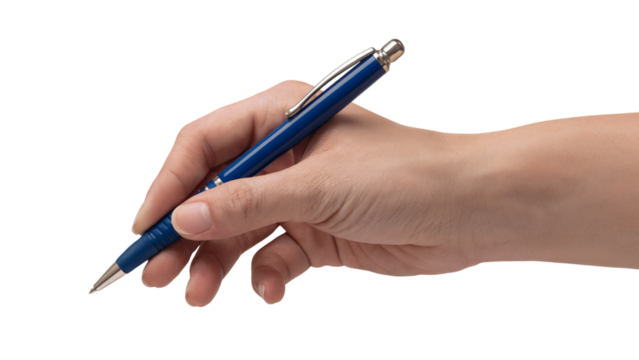 hand holding a blue pen ready for writing or signing. Isolated on transparent background, png	