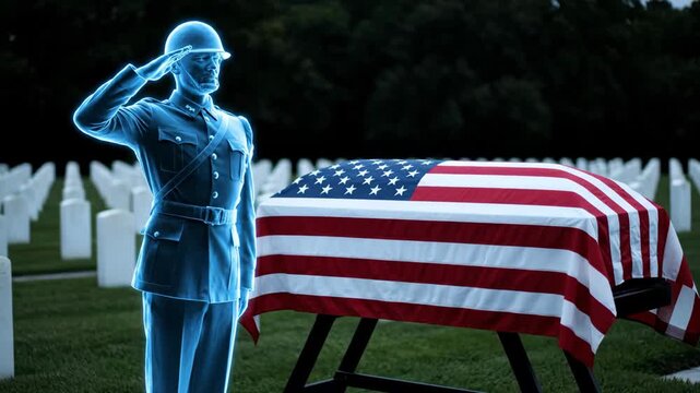 Holographic apparition of a soldier standing at attention beside a flag-draped coffin in a military cemetery, representing remembrance, sacrifice, and the enduring spirit of fallen heroes