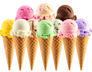 Colorful scoops of various ice cream flavors in waffle cones arranged in a row