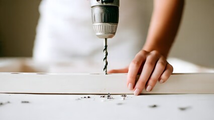 A woman's hand guides a power drill into a light wooden board, creating sawdust, symbolizing DIY construction, woodworking projects, and hands-on skill.
