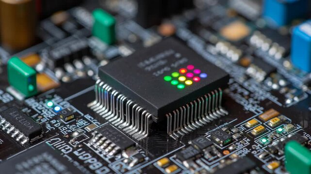 A black computer chip with a green light on it. The chip is on a circuit board. Close-up robotic education kit ai inference board blinking diagnostics lights micro scale, robotic education kit
