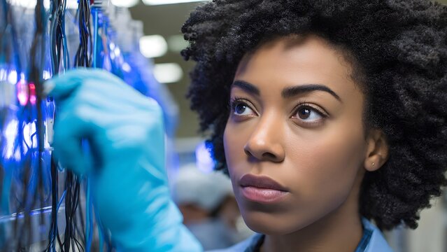 Young female technician with blue safety gloves intently checks connections on glowing electronic equipment, representing skill, maintenance, and high technology performance.