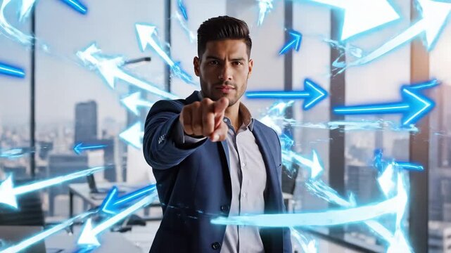 Business Direction Concept - A determined businessman points towards the camera surrounded by digitally video blue arrows indicating multiple directions.