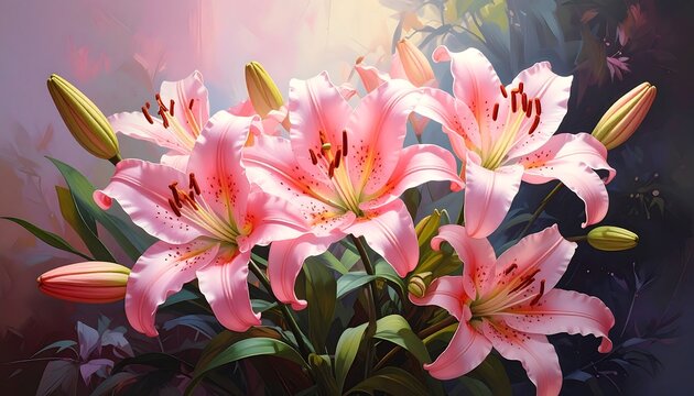 Beautiful Pink Lilies Blooming, Depicting the Beauty of Nature in Full Bloom - Powered by Adobe