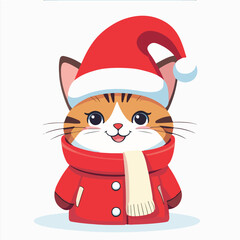 cute cat character wearing a red santa hat and small winter coat, round soft shapes, friendly happy face