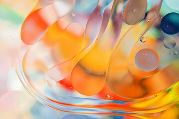 Close-up of the movement of oil droplets on the water surface. Colorful abstract macro background of oil drops on the water surface.