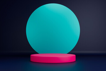 A glowing turquoise orb rests on a pink pedestal, set against a dark