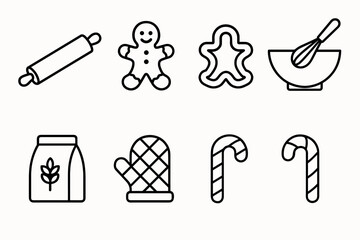 Christmas Baking Icons. Christmas Baking Together outline icon set: rolling pin, gingerbread man, cookie cutter, mixing bowl, whisk, flour bag, oven mitt, candy cane.