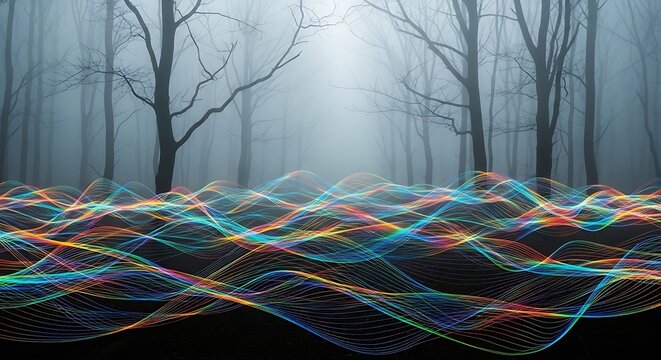 Abstract vibrant waves flowing through a mystical foggy forest landscape - Powered by Adobe