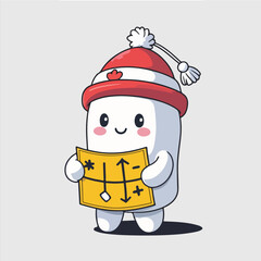 a cute marshmallow character wearing a tiny winter scout hat and holding a small map