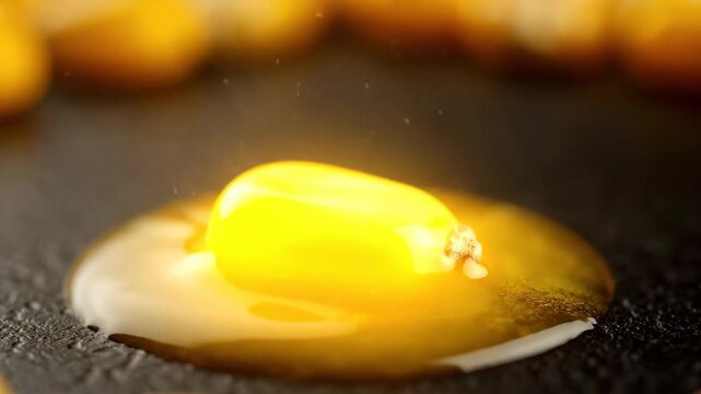 Golden gooey caramel syrup is pouring slowly onto a single unpopped popcorn kernel, creating a sweet and enticing macro close-up view against a dark background, highlighting delicious preparation