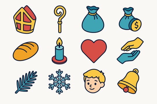 St. Nicholas Icon Set. St. Nicholas Good Deeds modern flat icon set: bishop hat, golden staff, gift sack, coin bag, bread, candlelight, heart icon, helping hand, pine branch,
