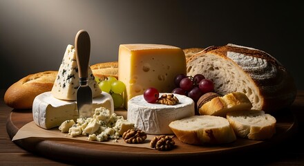 Artisanal cheese board featuring diverse cheeses, breads, and grapes