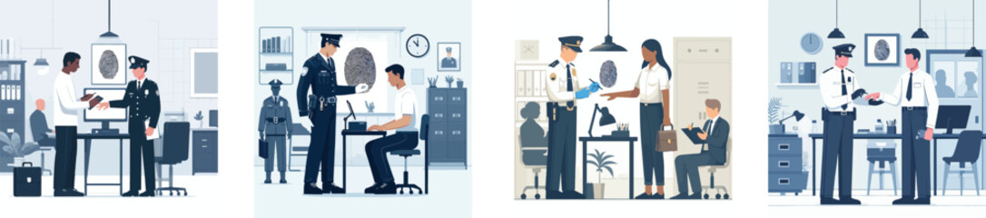 A police officer taking fingerprints in a police station, flat design, simple and minimalistic style, white background