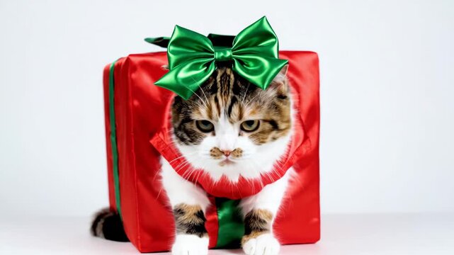 Cat in a Christmas Gift Box - A cute calico cat is peeking out of a red Christmas present box, adorned with a large green bow on top.