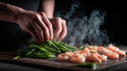 Seafood, Professional cook prepares shrimps with sprigg beans. Cooking seafood, healthy vegetarian food and food on a dark background. Horizontal view. Eastern kitchen
