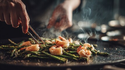 Seafood, Professional cook prepares shrimps with sprigg beans. Cooking seafood, healthy vegetarian food and food on a dark background. Horizontal view. Eastern kitchen