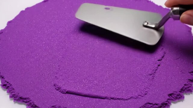Hand using a small metal trowel to spread and shape vibrant purple kinetic sand on a white surface, creating satisfying textures and a calming, sensory play experience