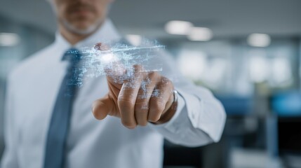 Scientist pointing at glowing holographic quantum computing diagram projected in office, symbolizing futuristic knowledge, data-driven innovation, and technological progress in analytics. cinematic