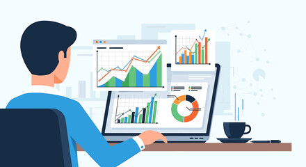 Man analyzing business data and charts on a laptop with a cup of coffee on the desk.
