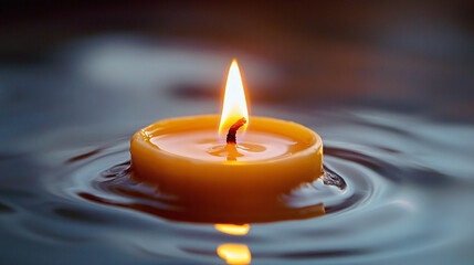 Warm glowing candle flame dances gently on rippling water surface creating serene ambiance