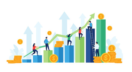 People climb ascending bar graph with arrows, representing growth, success, and financial achievement. Coins and currency symbols are scattered around.